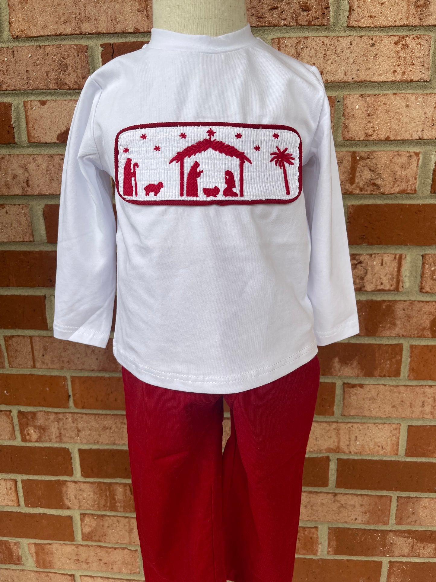 Red Nativity Smocked Corduroy Pant Set